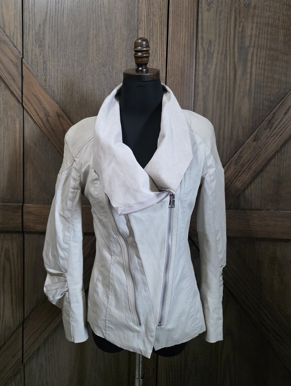 Alice + Olivia Cream Asymmetrical Leather Zip Jacket
